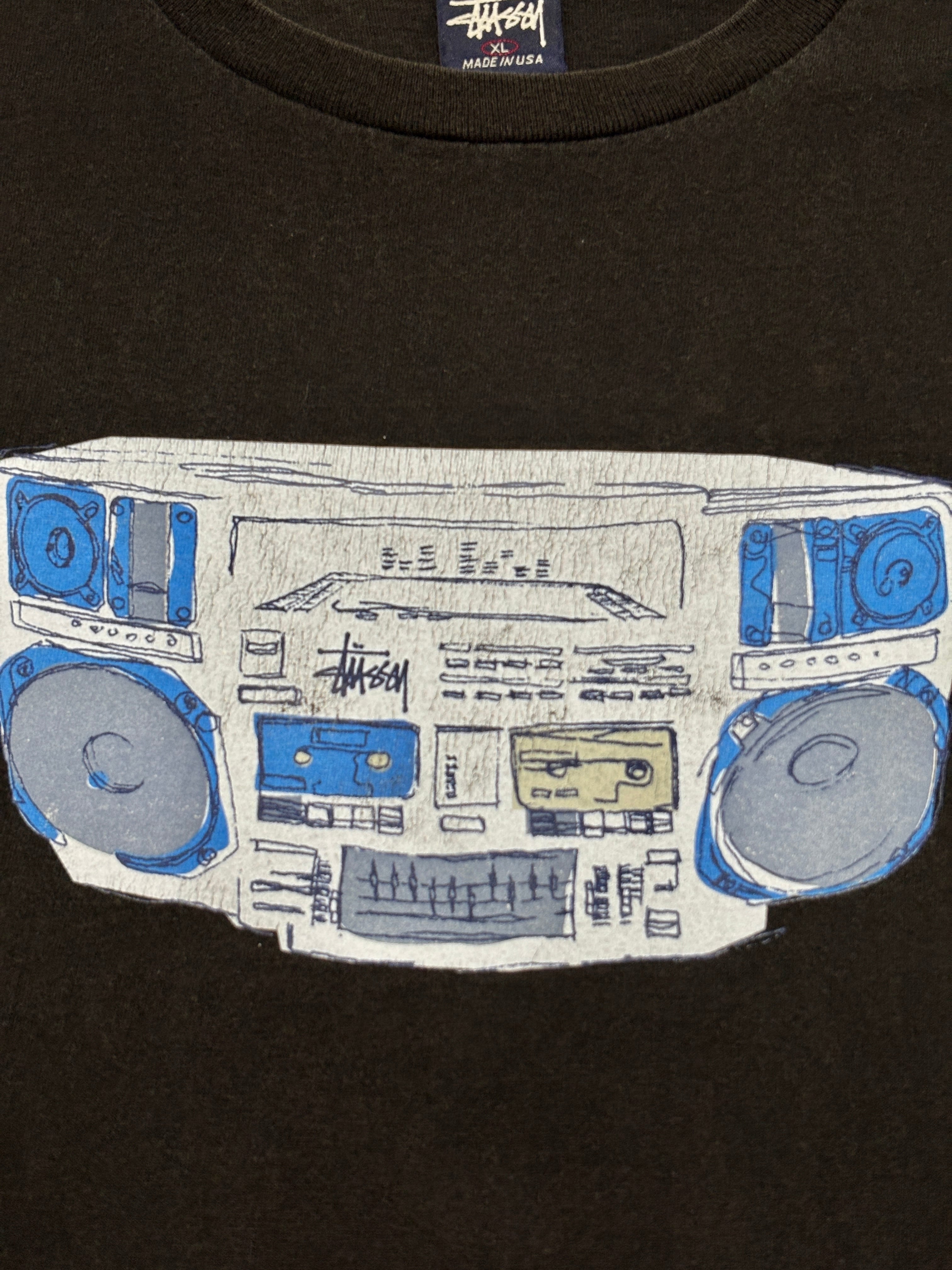 90～00s OLD STUSSY/Boom box print Tee/USA製/紺タグ/XL/ラジカセ