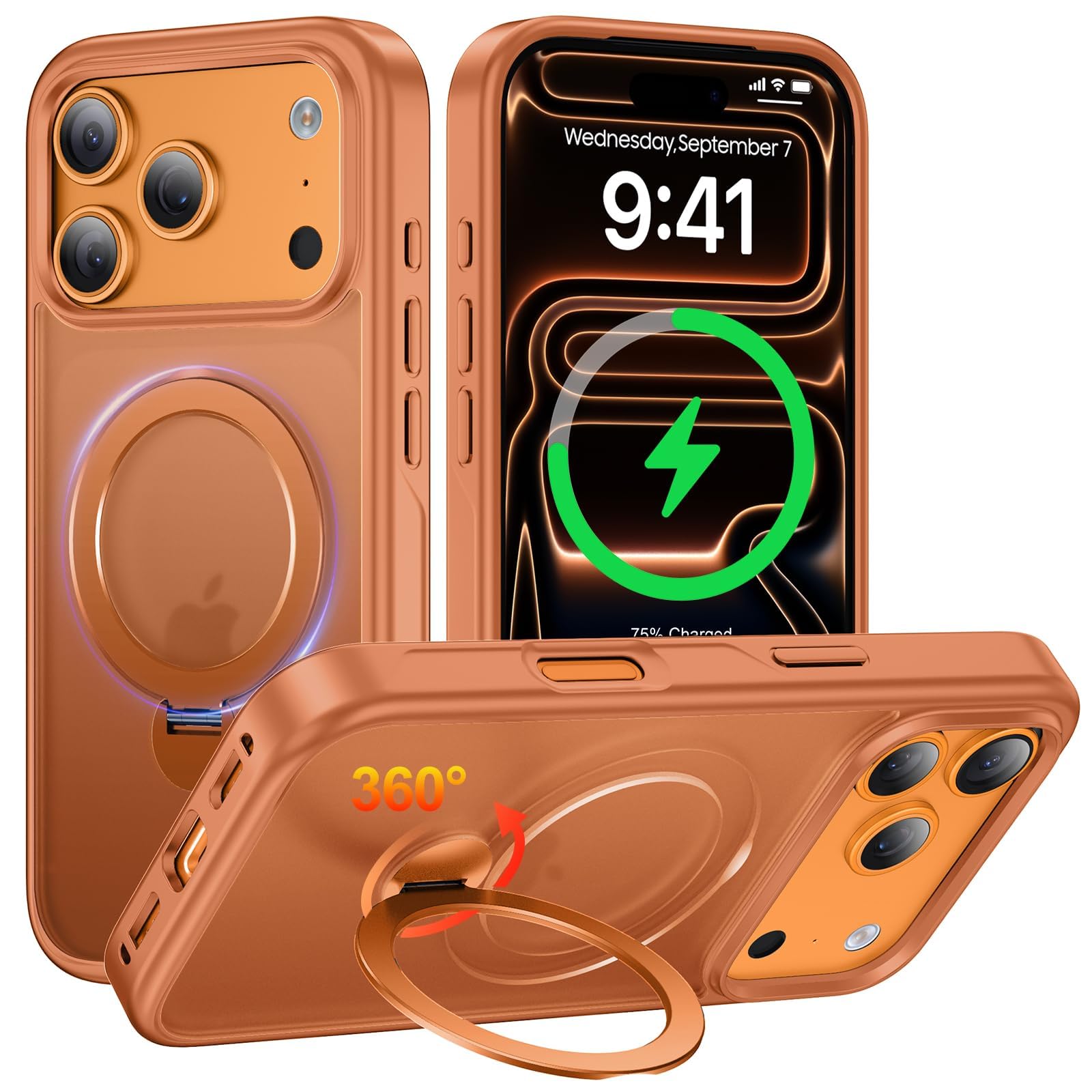 Fadkzyxr iPhone 18 Pro / 17 Pro 用 ケース MagSafe対応 360°回転スタンド 半透明マット仕上げ【オレンジ】