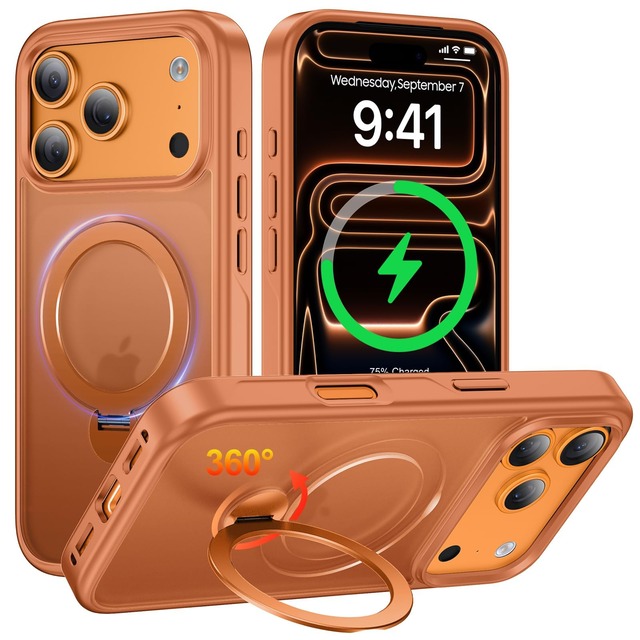 Fadkzyxr iPhone 18 Pro / 17 Pro 用 ケース MagSafe対応 360°回転スタンド 半透明マット仕上げ【オレンジ】