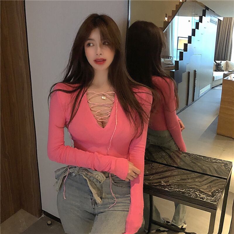 センスレースVネックニットTシャツレディースオータムピンク長袖タイトセクシートップボトミングシャツinstide ブラックストロベリース71497270421