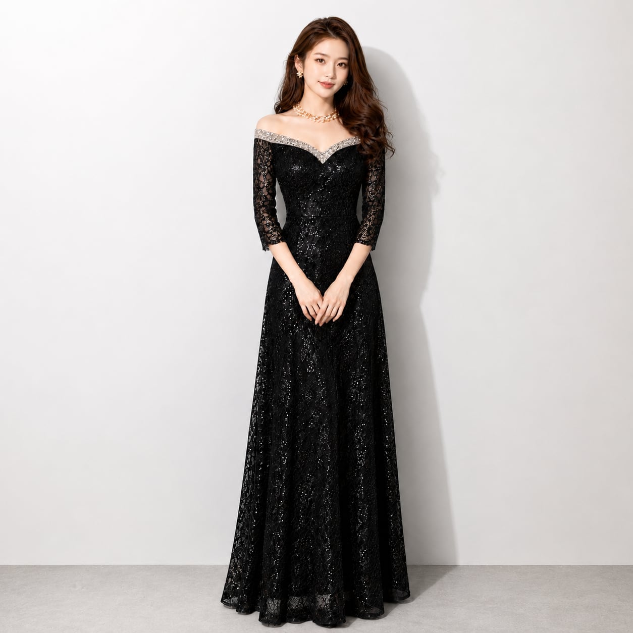 Beaded Long Sleeve Midi Dress V3265