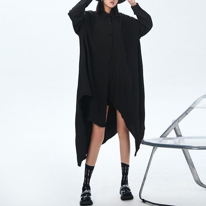 BLACK ASYMMETRIC DESIGN LONG SLEEVES MIDI SHIRT DRESS 1color M-14558