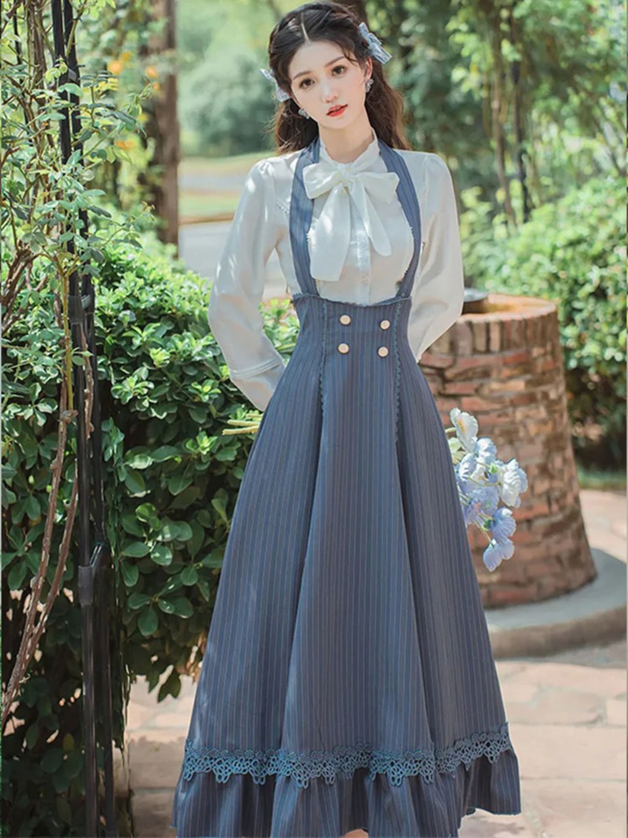 【0206】Striped Bowtie Ribbon Shirt Skirt Long Sleeve 2 Piece Set