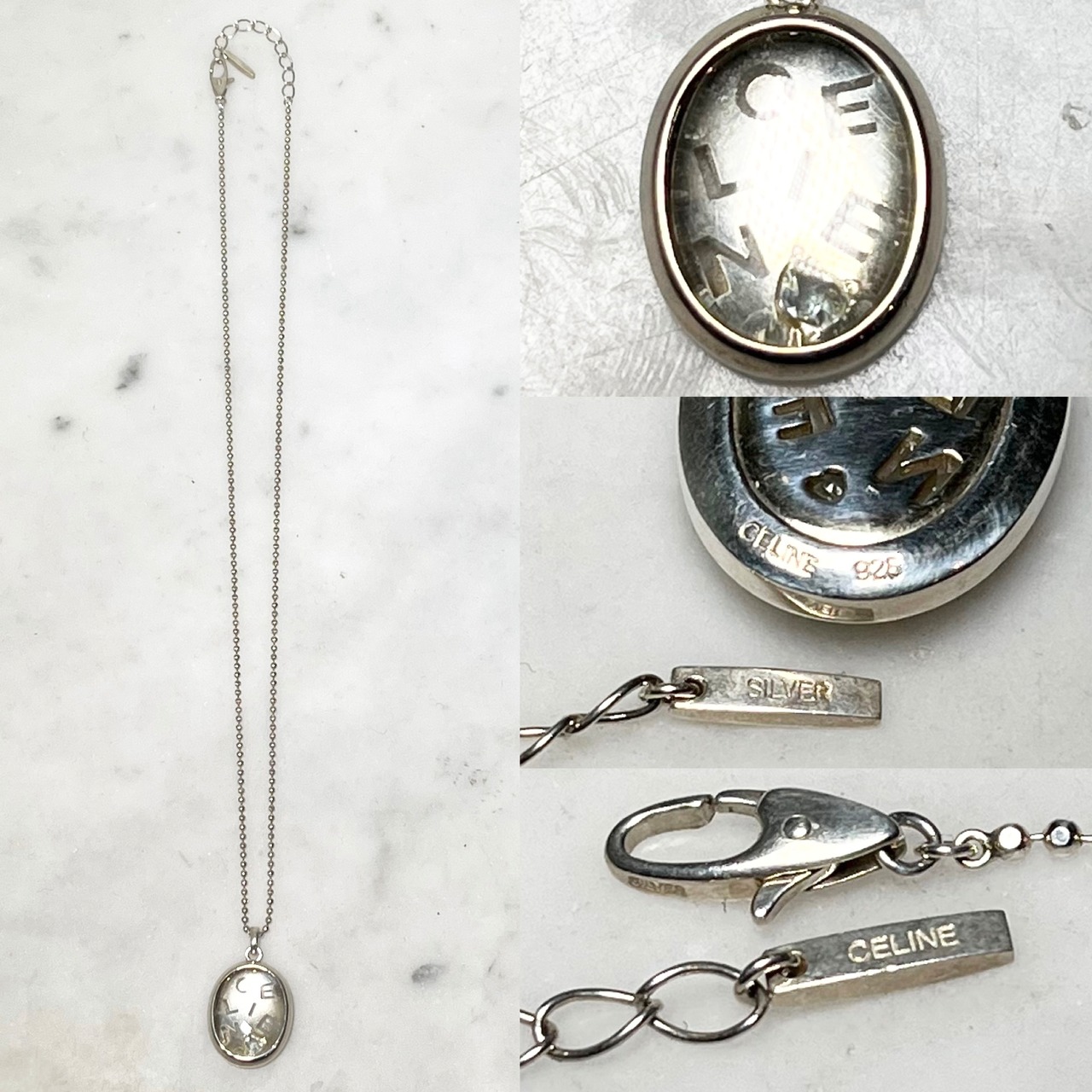 CELINE silver logo pendant necklace set with rhinestone
