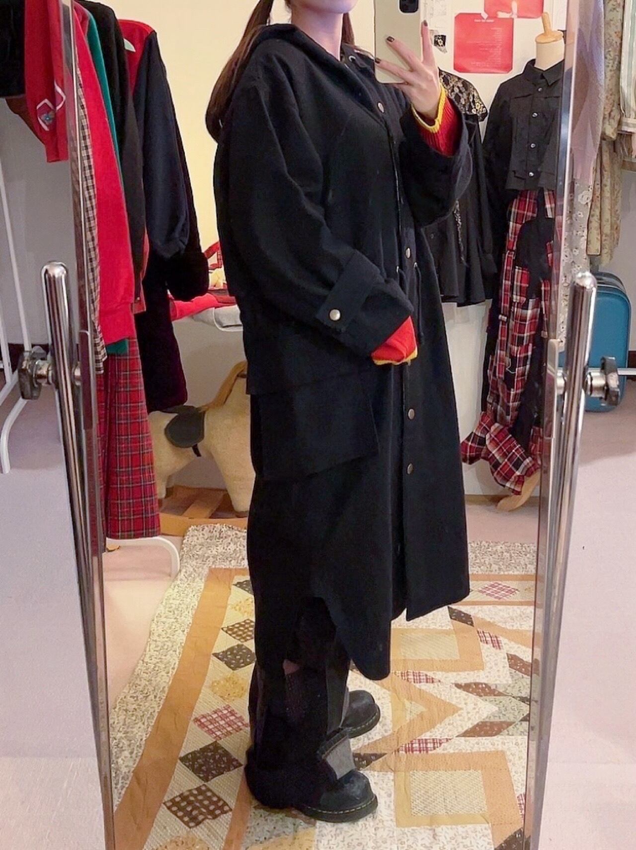 black beige check hoodie coat