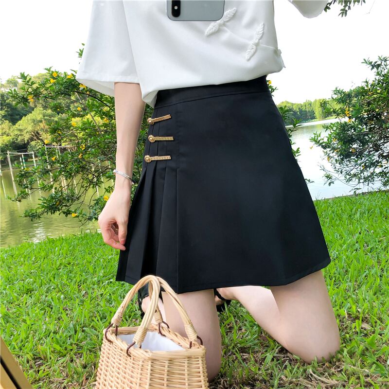 茶丸少女シリーズ ミニスカート 可愛い ボトムス ブラック 黒い 合わせやすい Aライン 無地 Elegant