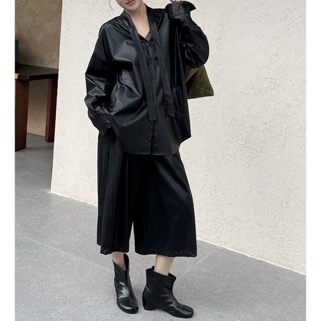 Tie neck faux leather shirt【2color】 C1586
