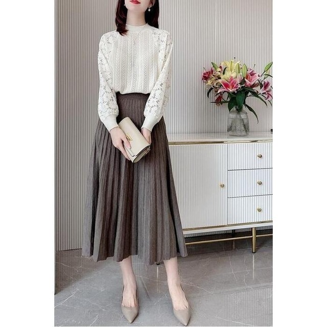 全2色 大きいサイズトップス ニット セーター レース ハイネック 花柄 レディース カジュアル おしゃれ 長袖 きれいめ フェミニン お出かけ オフィス 透け感 モックネック 大人可愛い ホワイト 白 ブラック 黒 春 秋 冬 代 30代 40代 50代 Like Fashion