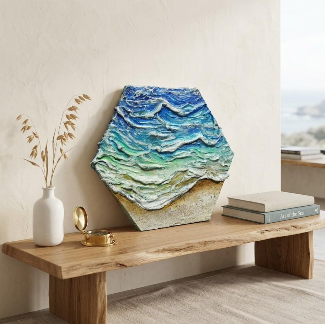 油絵 油彩 油彩画 絵 絵画 六角型【海の砂場】 原画】油絵『永遠の渚』夏の砂浜の海（六角型キャンバス）立体3Dアート