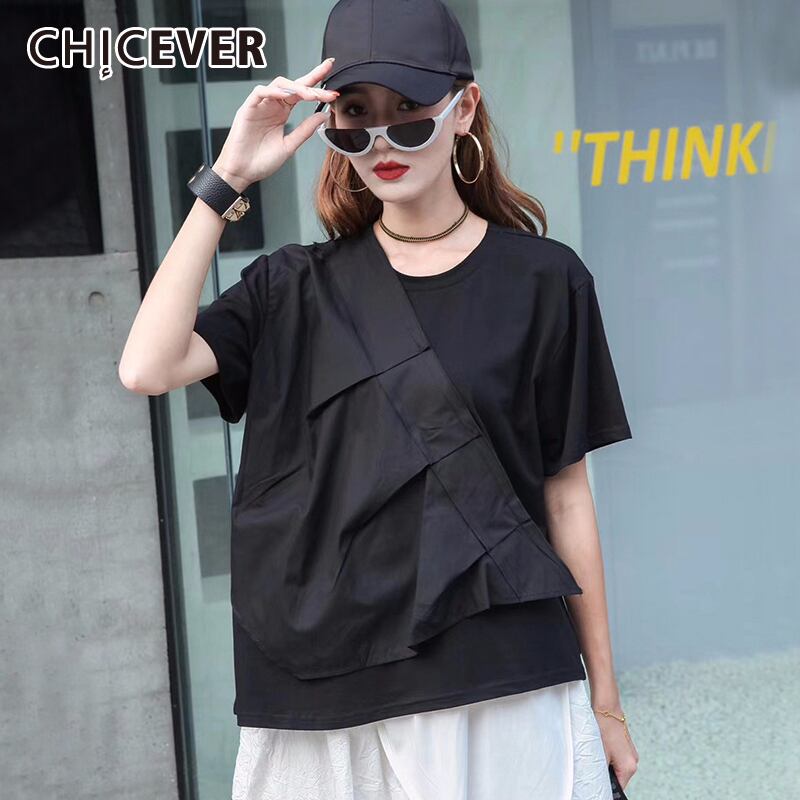 CHICEVERパッチワークシャーリングシャツレディースOネック半袖非対称Tシャツ2020年夏のミニマリスト服 ショート ハーフスリーブ サマー 夏物 6base511394783799