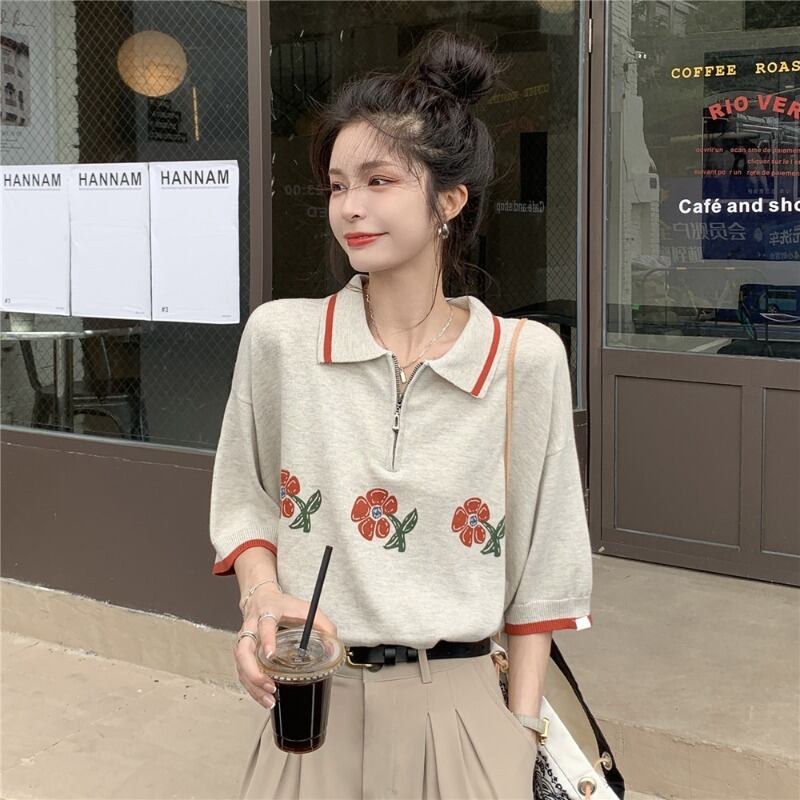 ニットセーター レディースサマー薄手カラースタンダードプリントシャツ レトロ 夏物 1号婦人1299615452