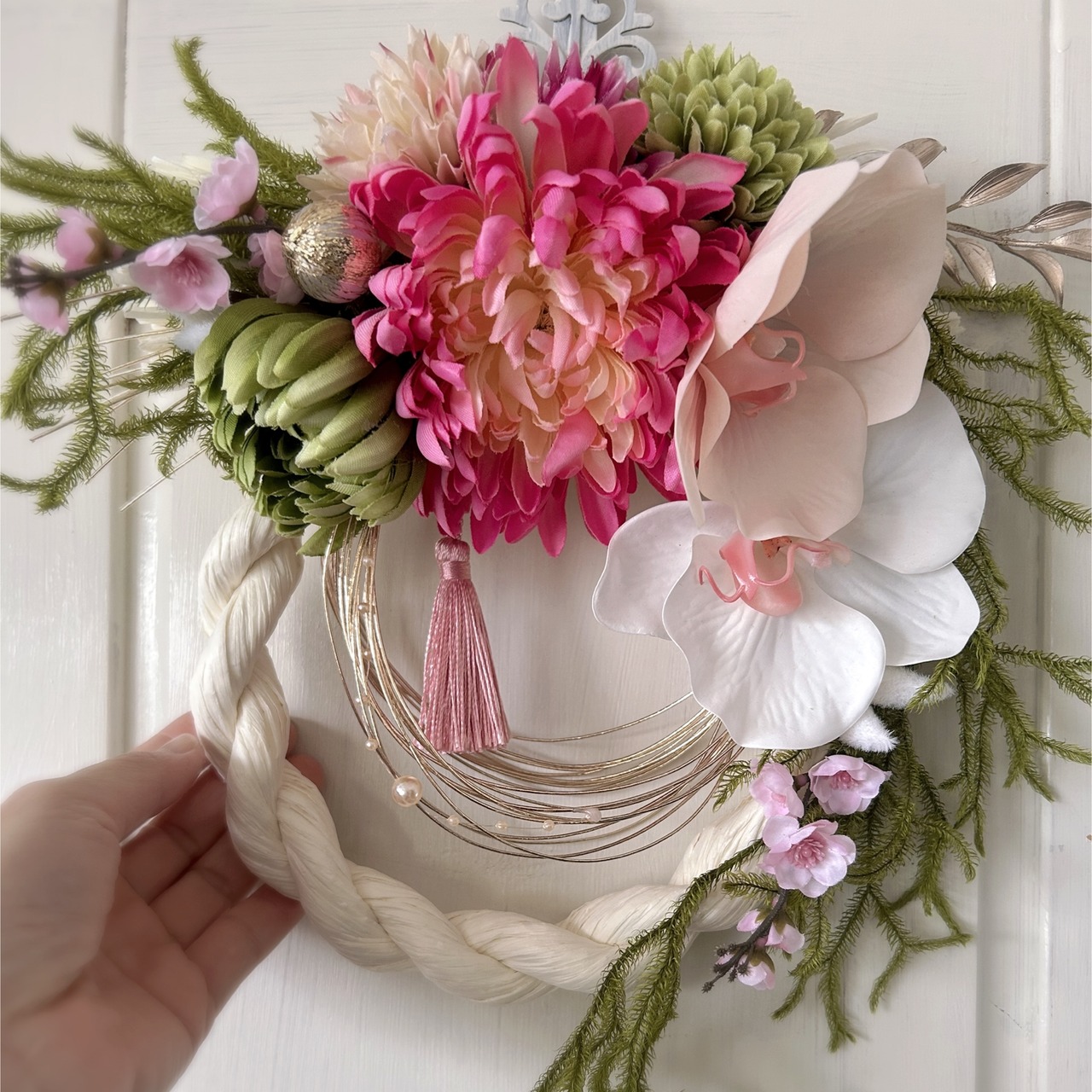 ピンクのしめ縄リース 約30cm（No.wreath-15527☆迎春しめ縄リース 