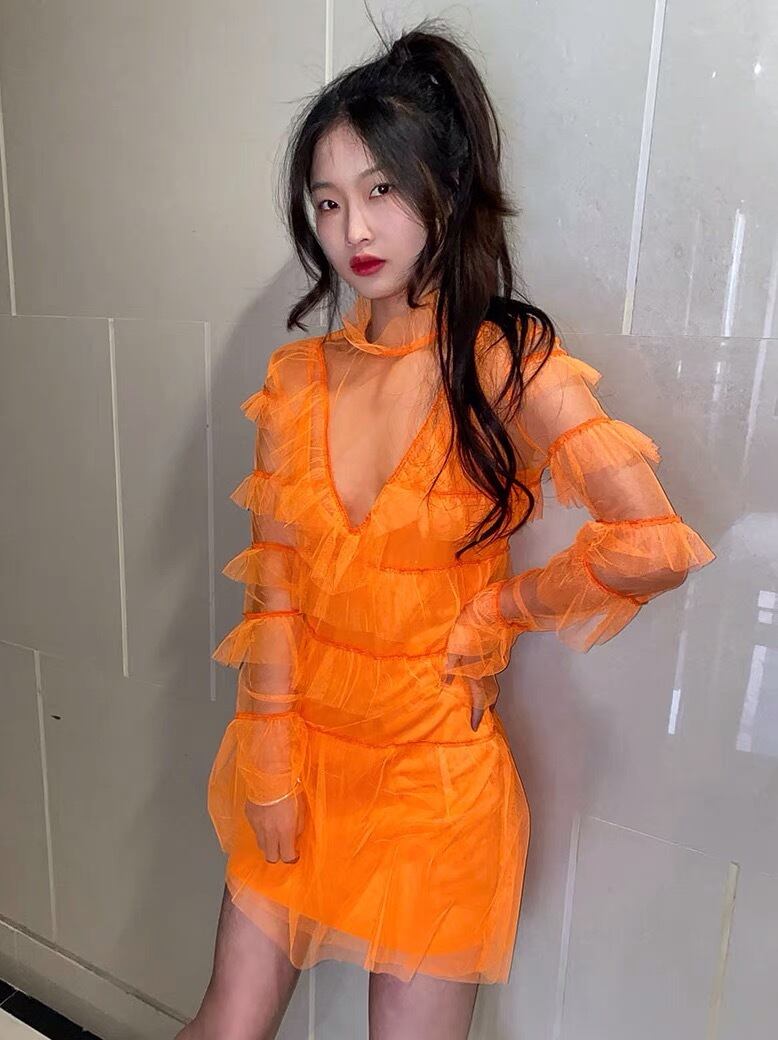 ワンピース オレンジ 派手 クラブ ワンピース ガーリー 可愛い 姫
