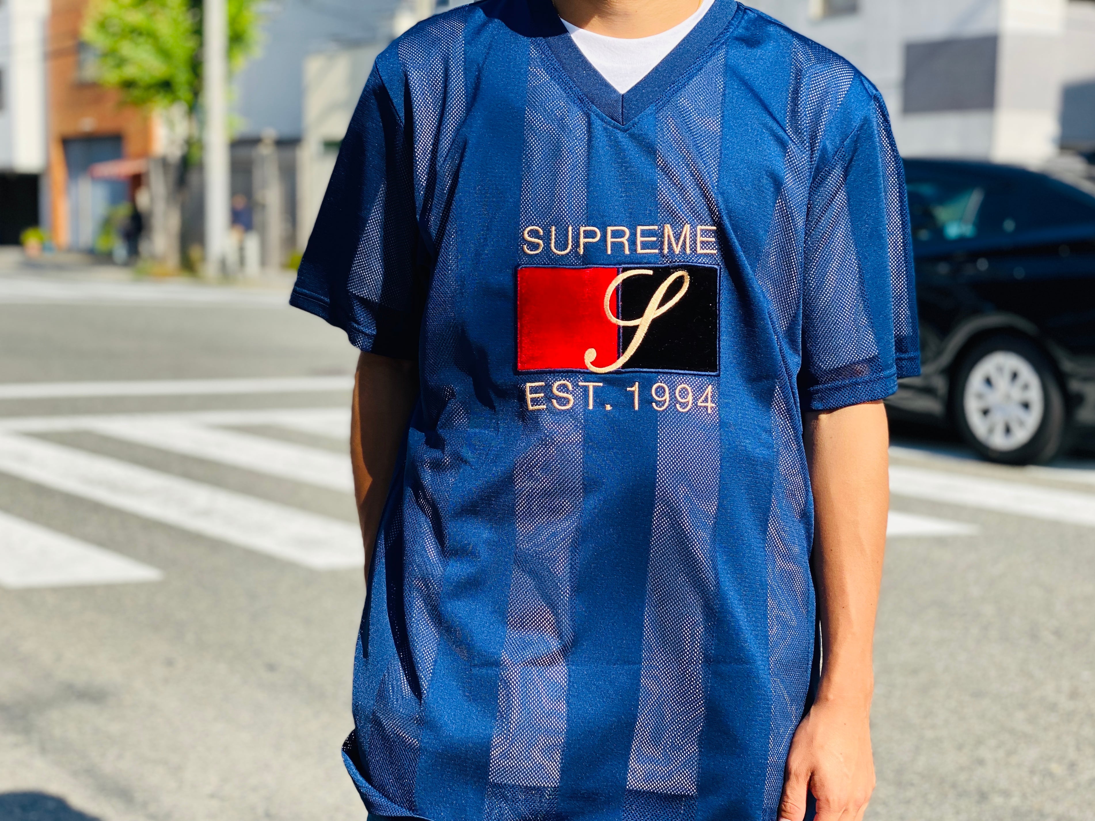 Supreme VELVET LOGO MESH STRIPE TOP NAVY IF5864 | BRAND BUYERS OSAKA