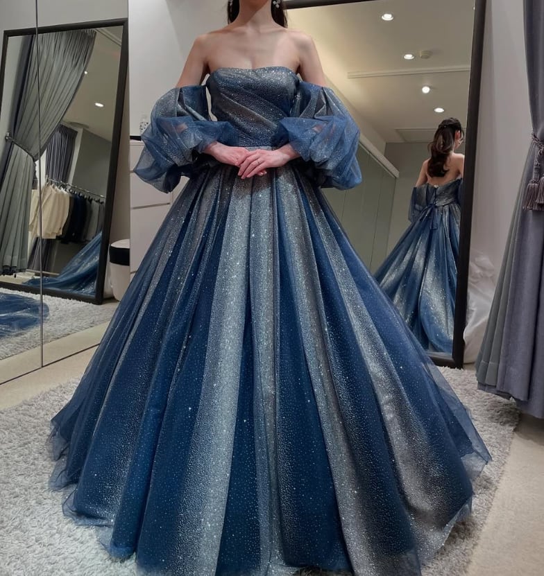 カラードレス ブルー 取り外し可能な付け袖 キラキラグリッター