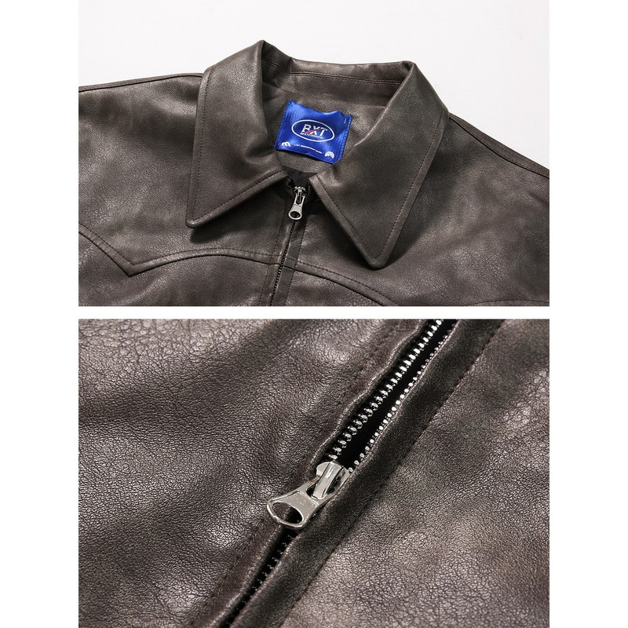 レトロショートブラウンフェイクレザーブルゾン　994