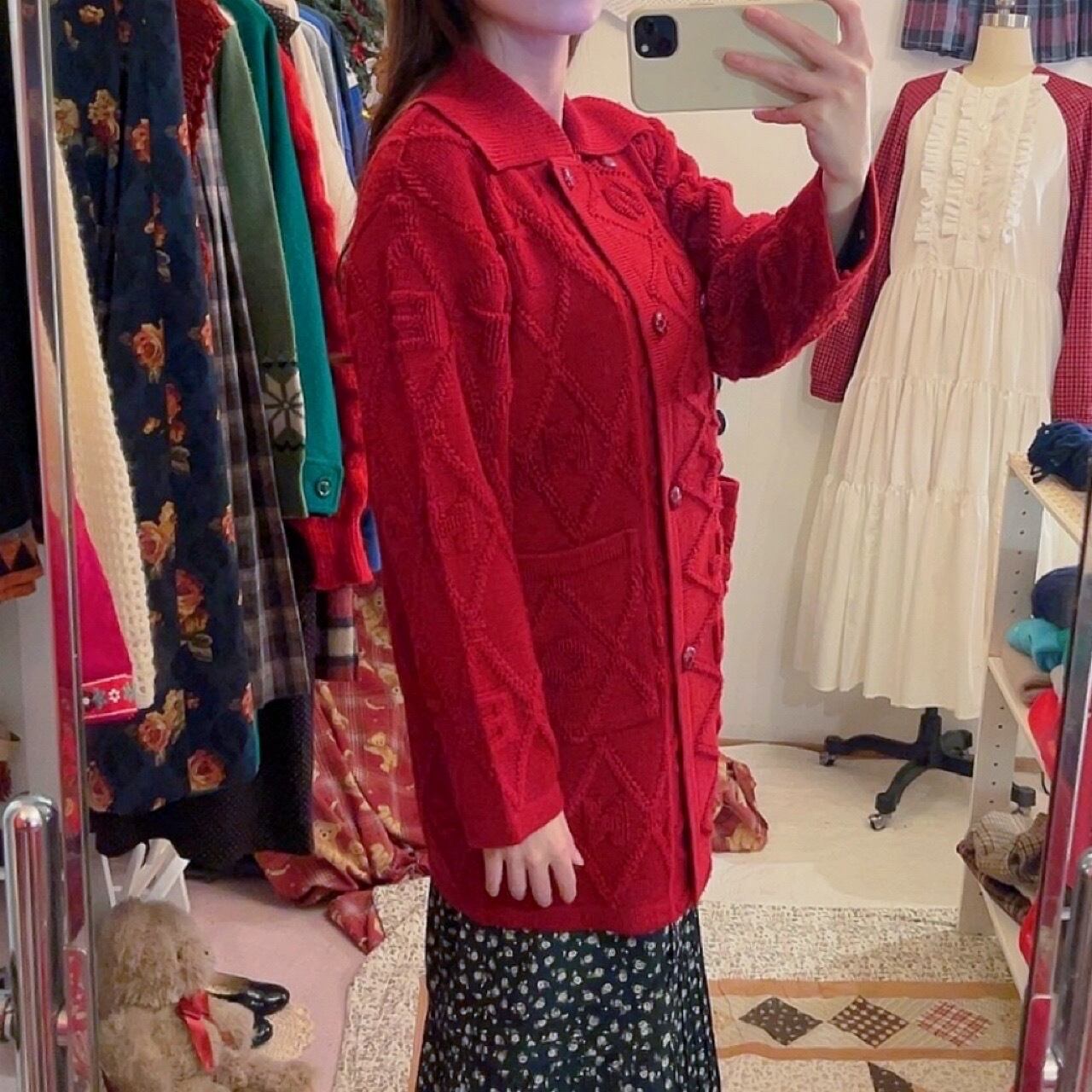 red diamond pattern double button knit