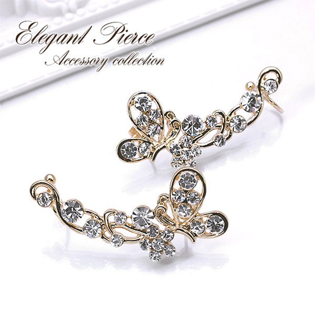 【プレシオサ社製クリスタル】ラインストーン キラキラバタフライ イヤーカフピアス（チタンポスト使用）