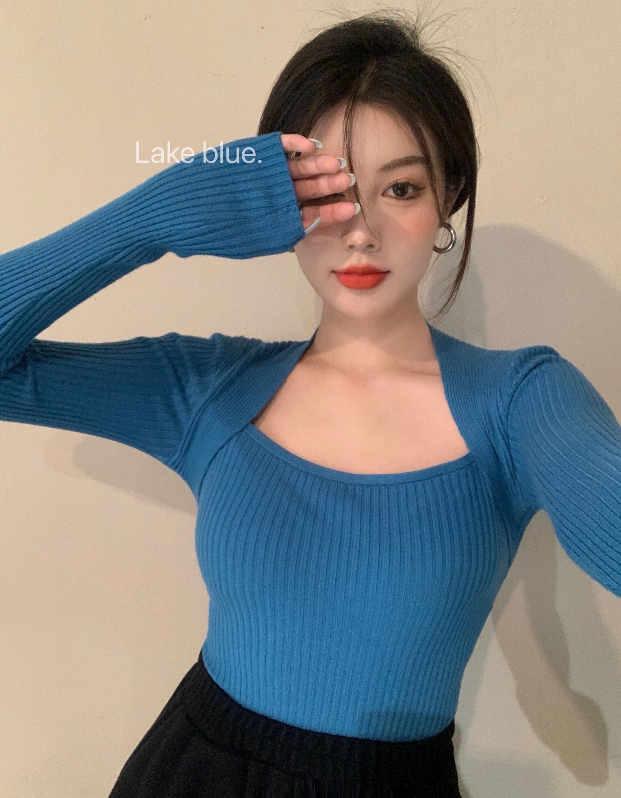 ニットセーター スリムブルーシャツ スプリングトップス 春物 スクウェア ブラックストロベリース68090618467