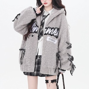 スリーブレースアップリボンジップアップフーディボアグレージャケット（lli_6399）