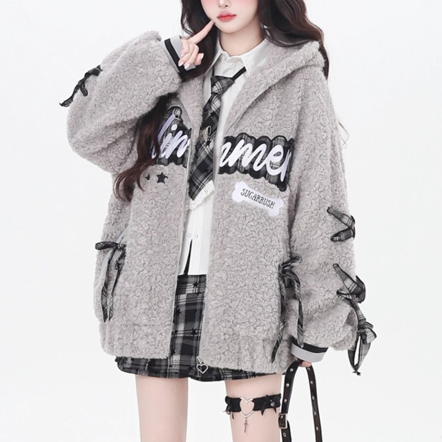 スリーブレースアップリボンジップアップフーディボアグレージャケット（lli_6399）