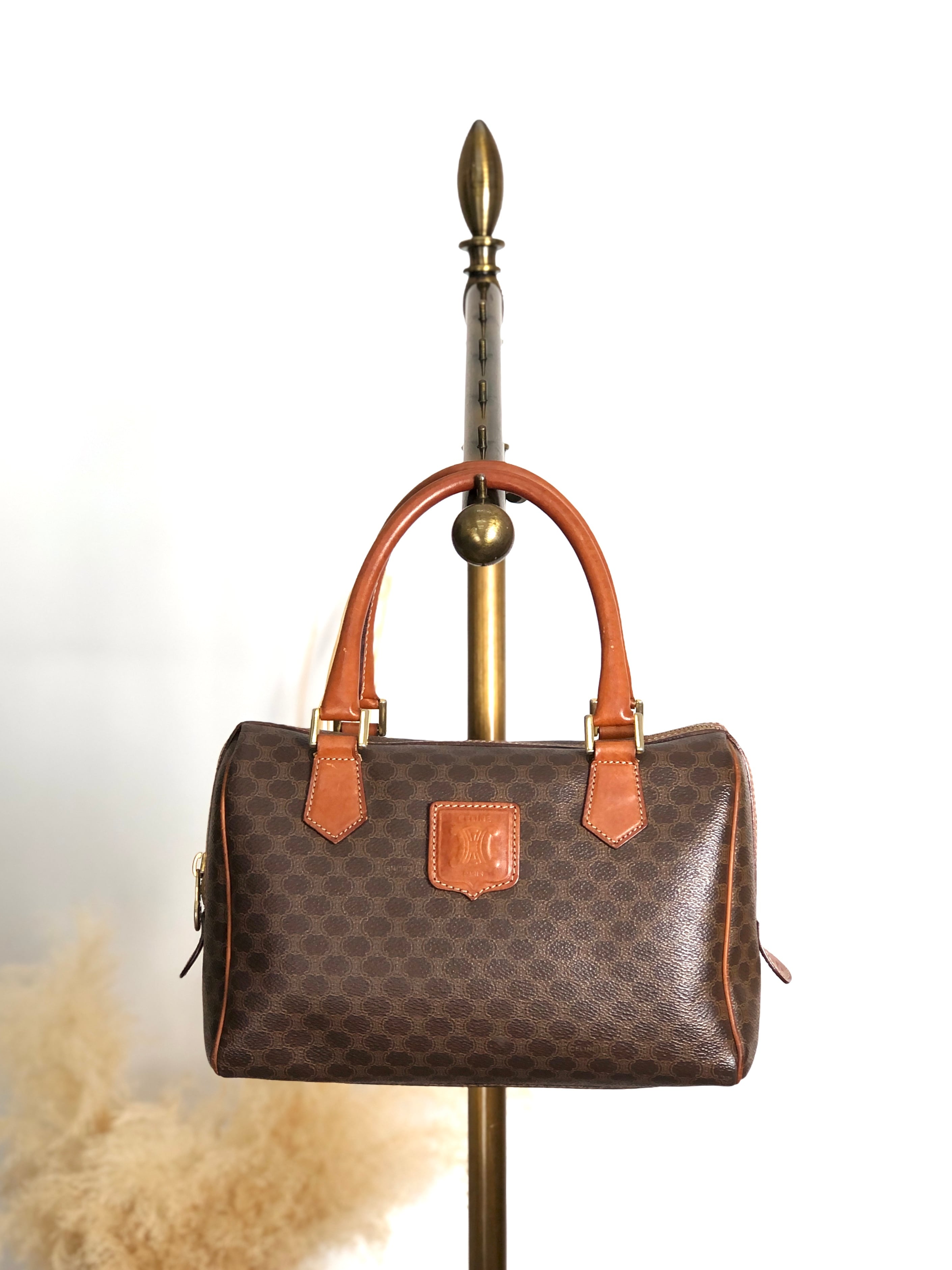 CELINE セリーヌ マカダム ハンドバッグ ブラウン ブラゾン型押し PVC レザー ボストン vintage ヴィンテージ オールド u6p2h4