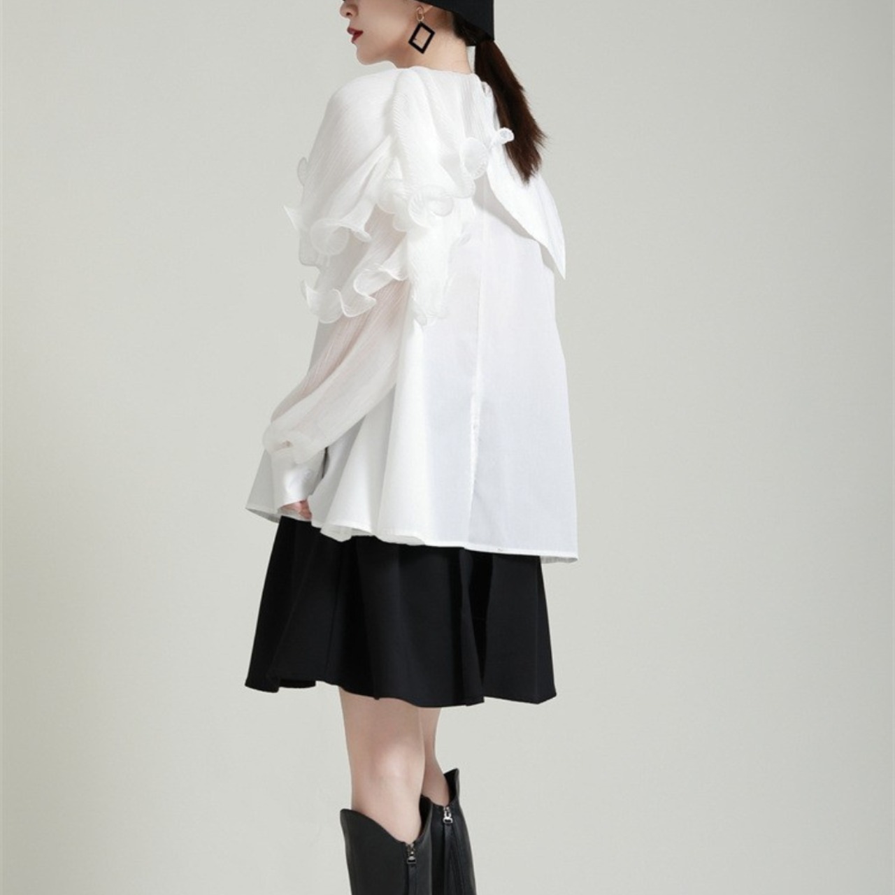 Belted long sleeve collared ruffle shirt(ME018)
