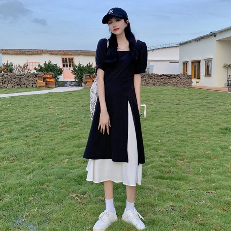 ドレス サマースタイルスリットウェストブラック ストリート 夏物 YY-ファッション43477199352