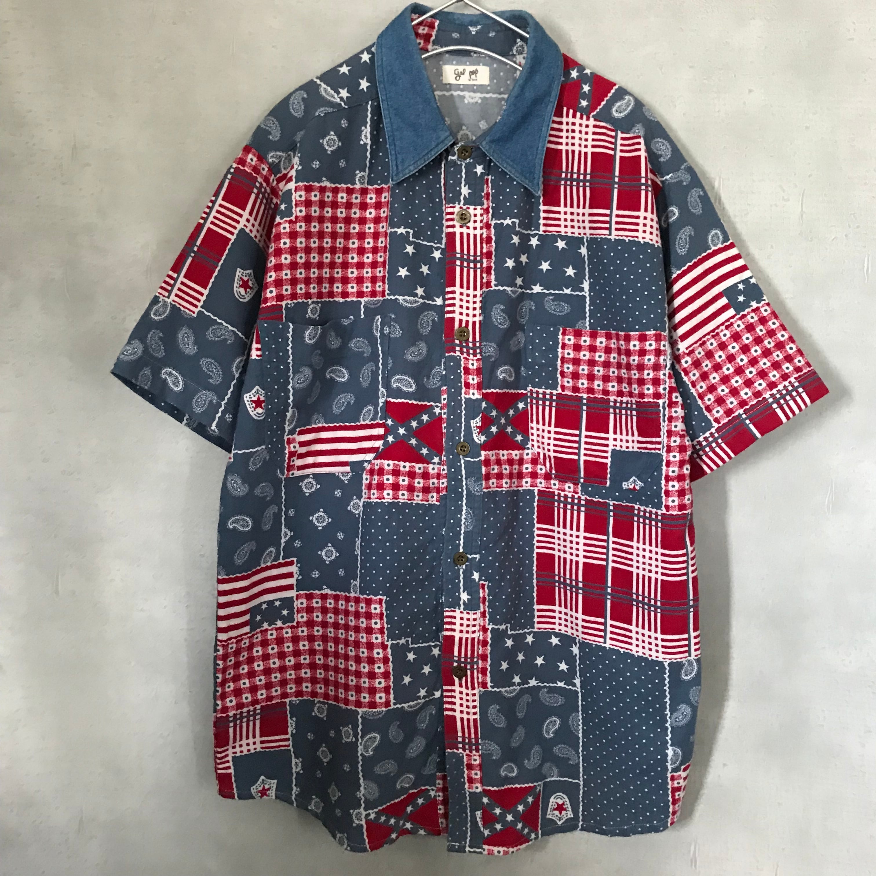古着シャツ 古着 シャツ レトロ ペイズリー柄 チェック柄 柄シャツ コットンシャツ 総柄 アート メンズ 半袖 古着屋antenna