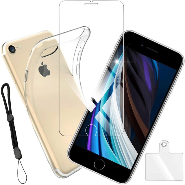 houge 【 ケース + 1枚 ガラスフィルム 】For iPhone SE3 第3世代 / SE2 第2世代 用の ケース クリア バンパー カバー スマホケース + ガラス フィルム For iPhone8/7 用の フィルム 強化ガラス 液晶 保護フィルム 飛散防止 硬度9H 高透過率 + 保護ケース ソフトカバー背面 ンプロテクタ TPU 耐衝撃 薄型 透明 For iPhone SE3