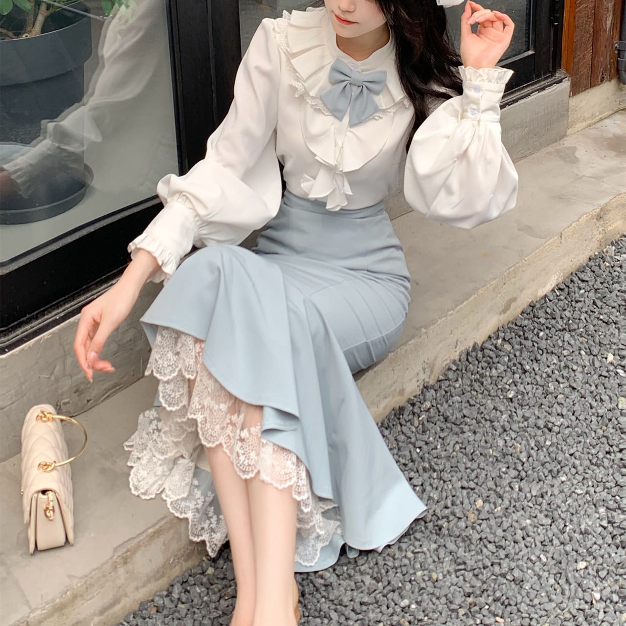 set】フリルブラウス×レース切り替えマーメイドスカートセット N2725 