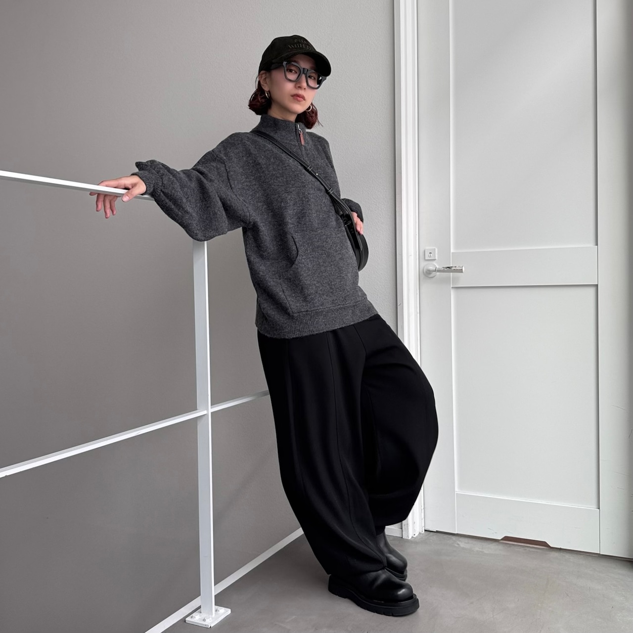 マフポケット付ハーフジップニットPO/グレー