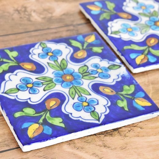 インド ジャイプール陶器 エスニック クロスタイル 花柄 青 15cm×15cm
