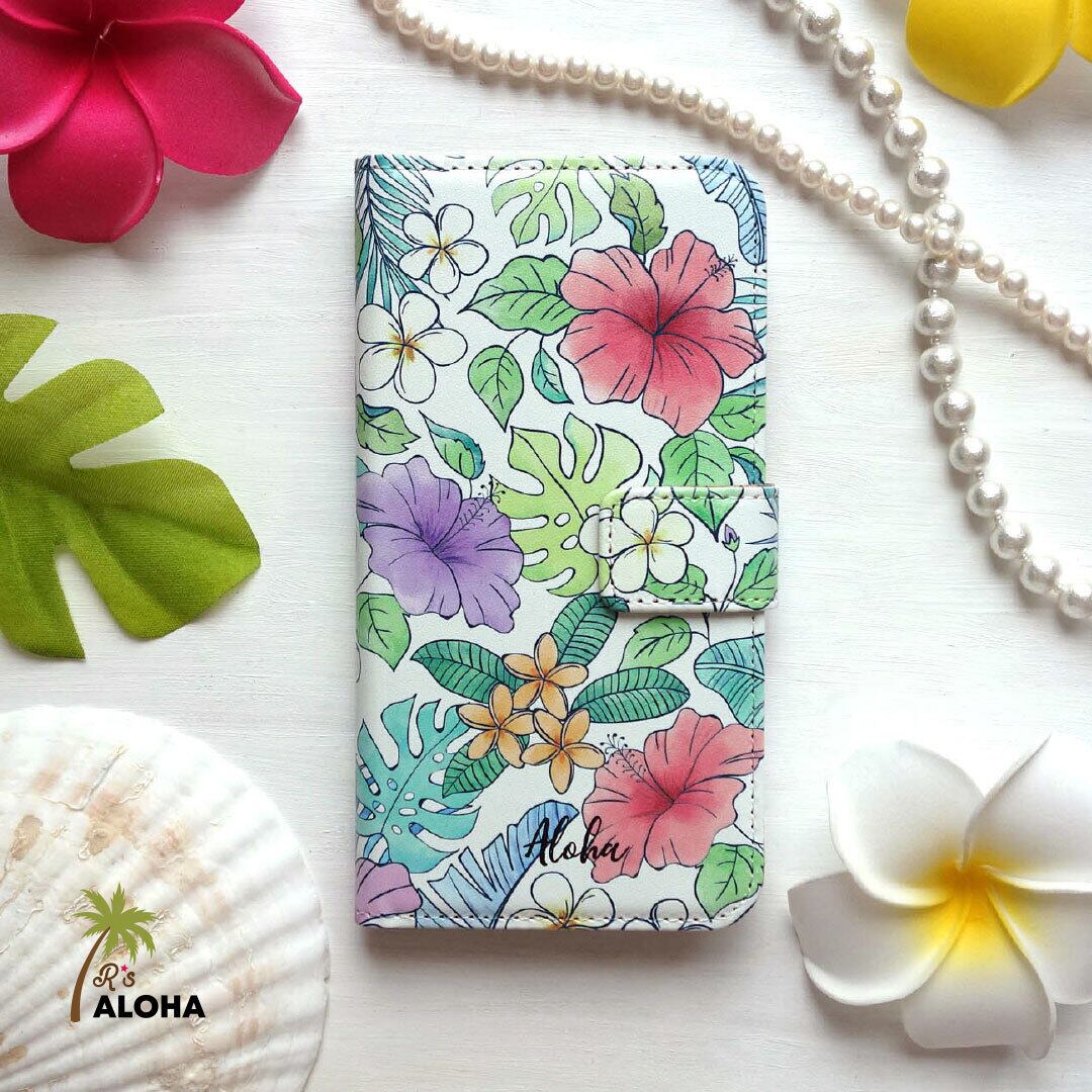 カメラ穴あり トロピカルフラワー柄 手帳型スマホケース 受注生産 R S Aloha ハワイアン 海を感じるスマホケースのお店