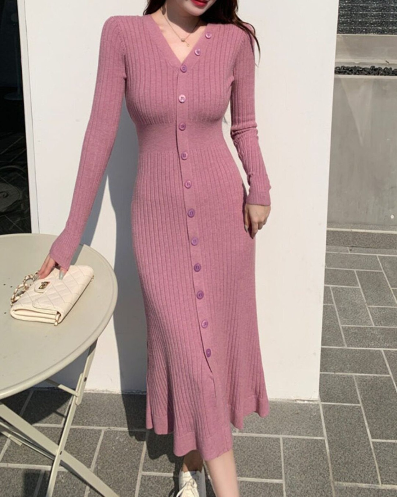 ボタンロングニットフレアワンピース 6color A0908 - 11