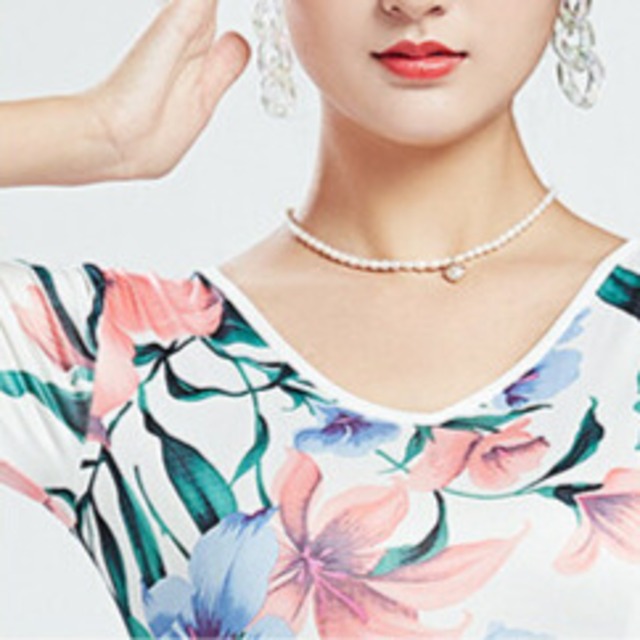 フラワープリント ロングスリーブ ミモレフレア ダンスドレス  ds1475