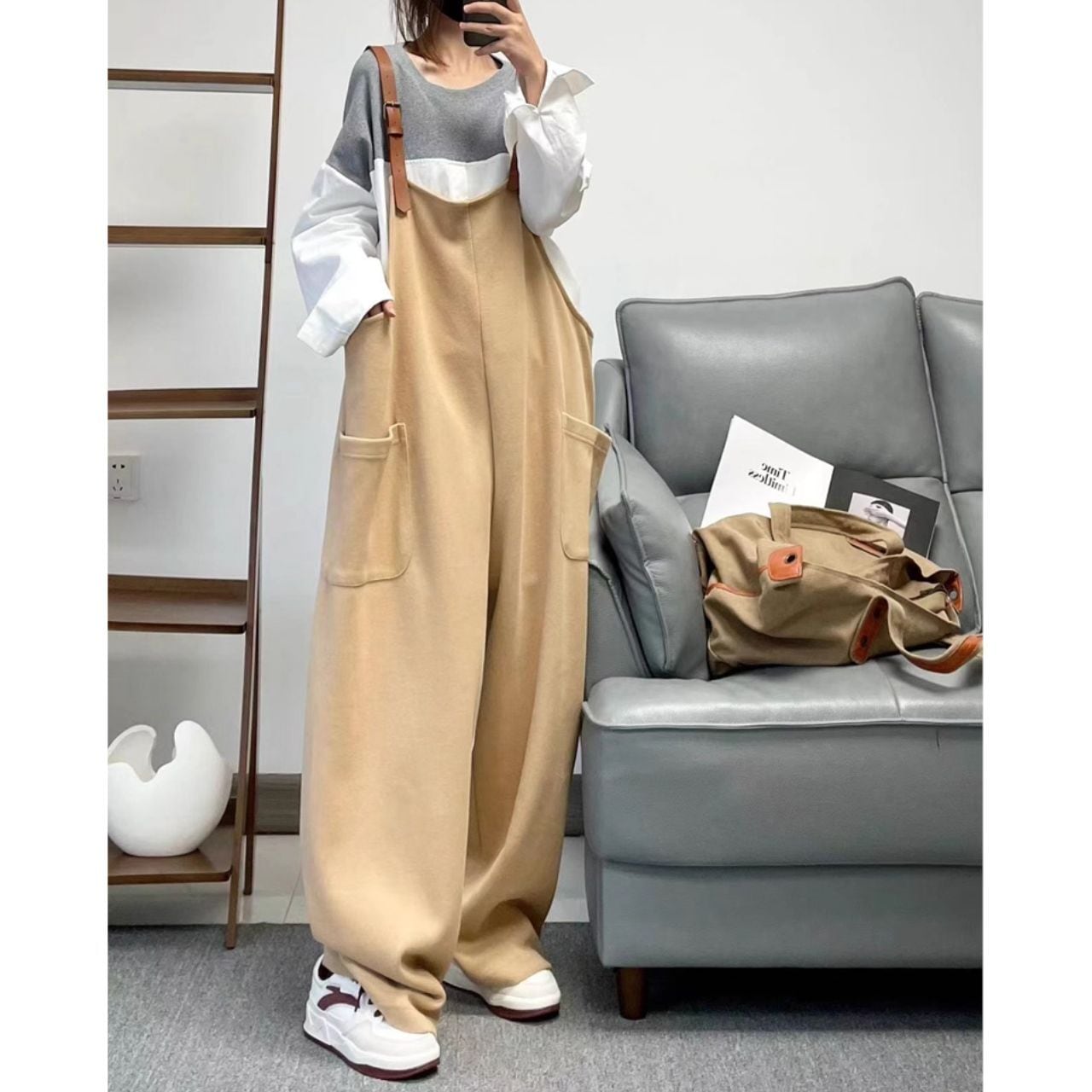 ワイドシルエット 厚手サロペットパンツ Ln00334