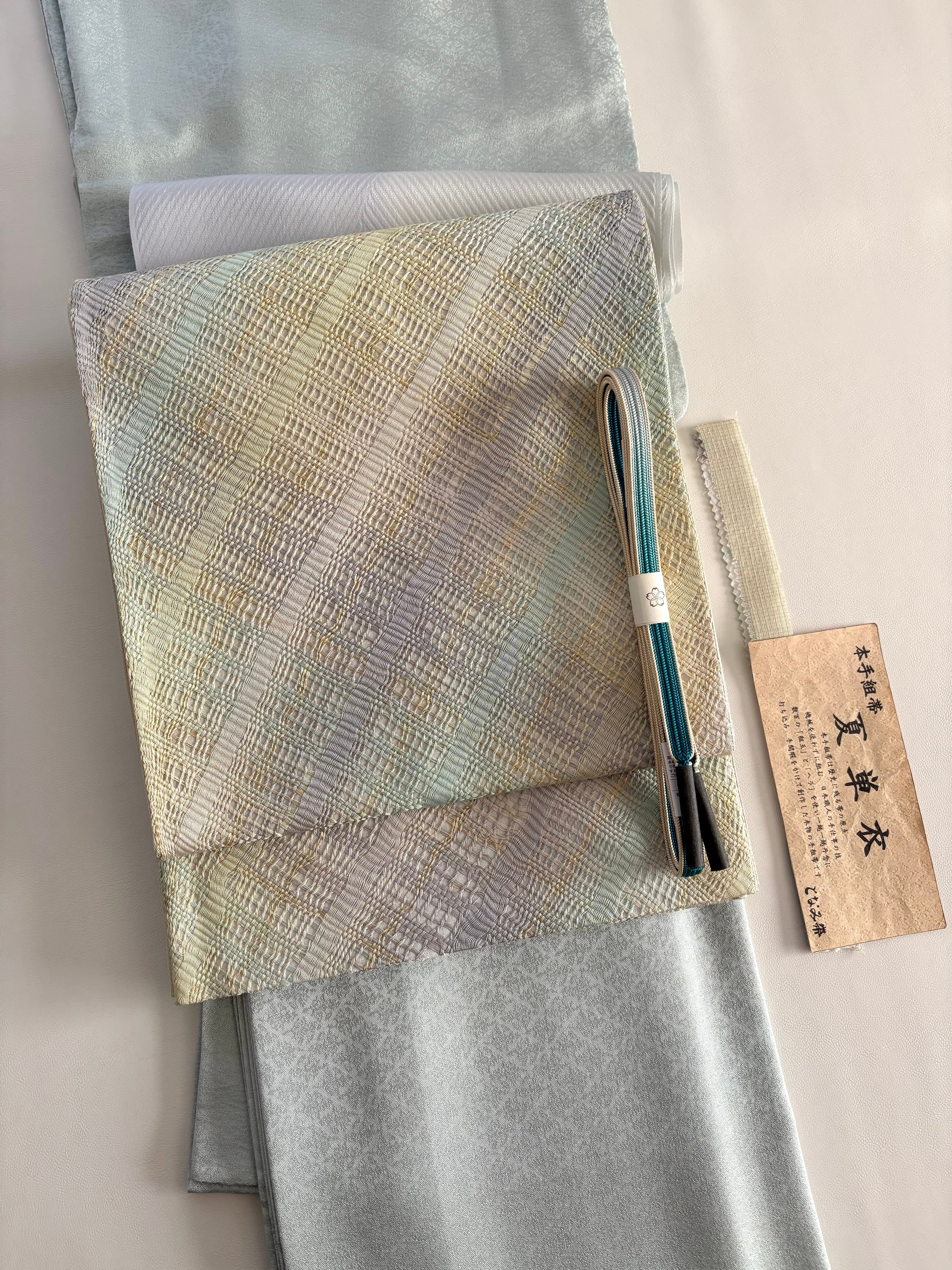 吉野間道 全通 絹 袋帯 白×グレー×グレーブラウン | きもの奏