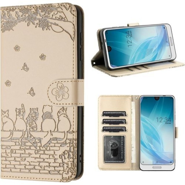 AQUOS R2 ケース 手帳型 おしゃれ Sharp アクオス R2 ケース 手帳型 本革 スマホケース お洒落 手帳型ケース aquos r2 sh-03k shv42 706sh ケース 手帳型 人気 スマホケース PUレザー カバー シャープ R2 ケース 手帳型 かわいい猫と美しい桜柄 携帯カバー 耐衝撃 カード収納 マグネット式 スタンド機能 軽量 オフホワイト 2365