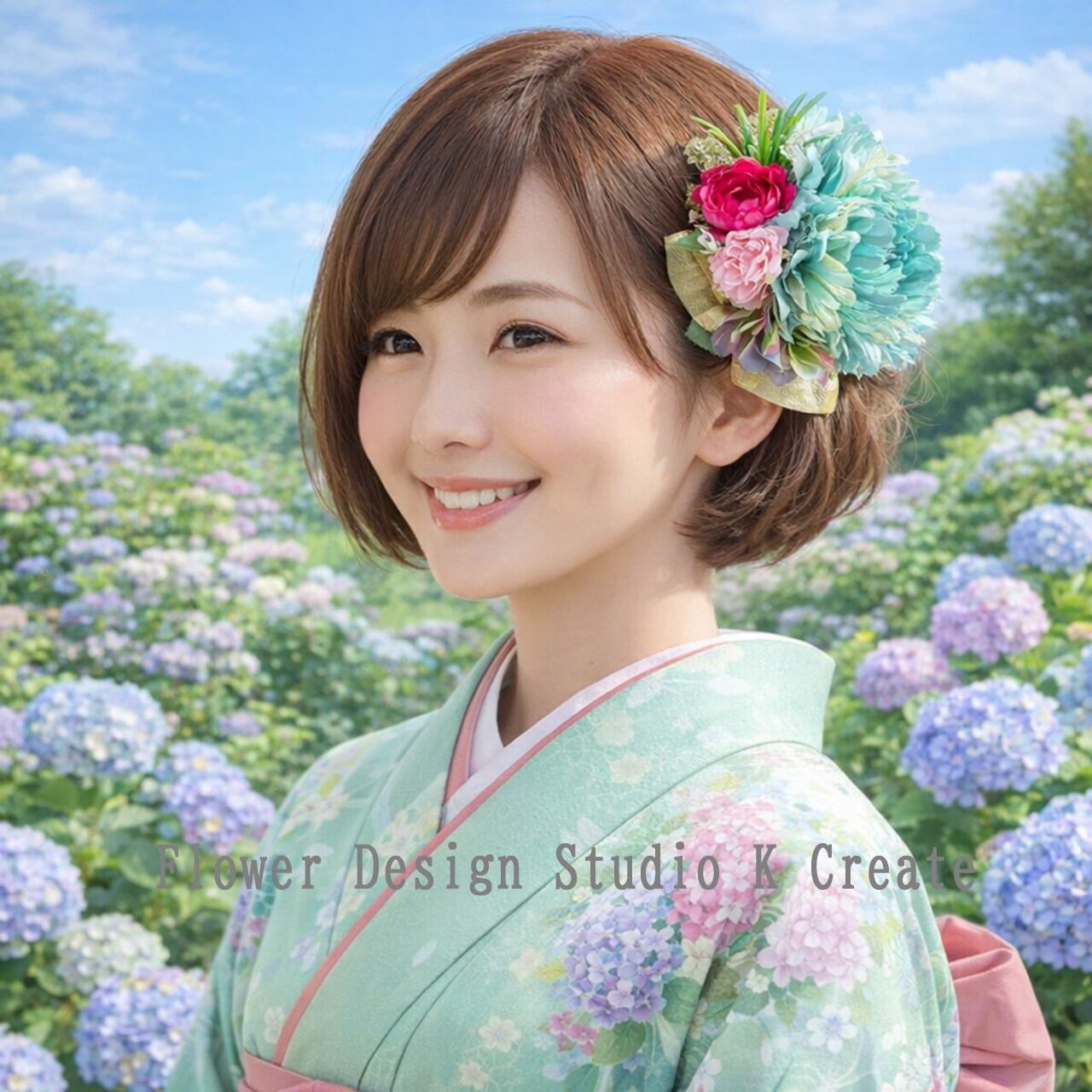 ピオニーのヘアクリップ ゴールド リボン 青緑 ピオニー 発表会 お花のヘアクリップ 浴衣 卒業式 ヘアクリップ ミント