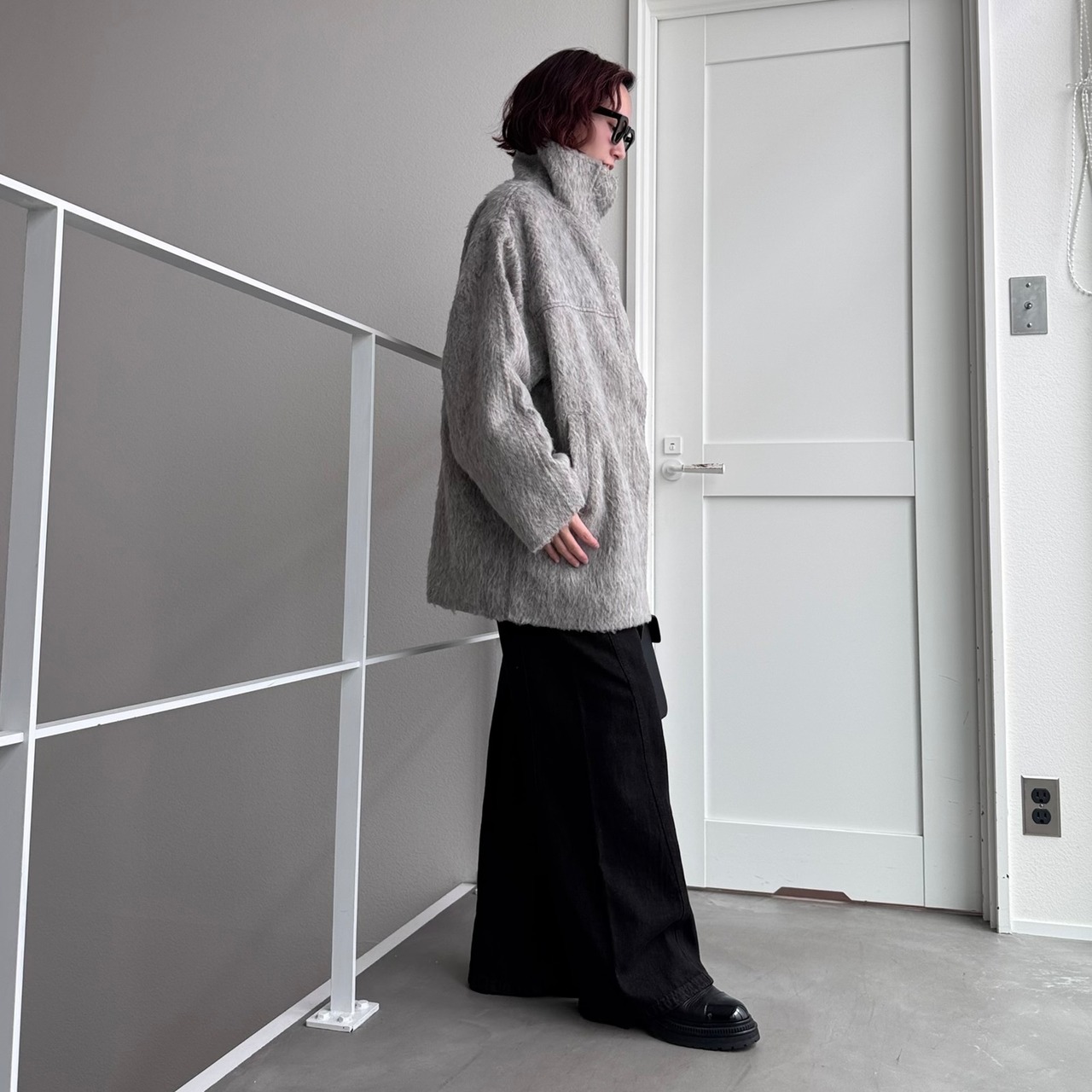 スタンドカラーシャギーミドルCO/グレージュ