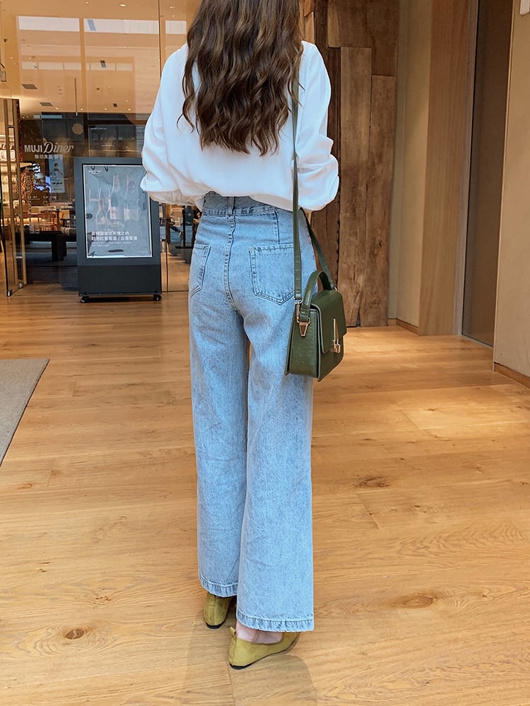 ハイ デニムパンツ ボトムス レディース Denim pants Blue ジーンズ デニム デニムパンツ ２ボタンハイウエストワイドデニムパンツ レディース