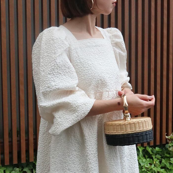 K.growth original/送料無料】スクエアネックパフスリーブジャガード