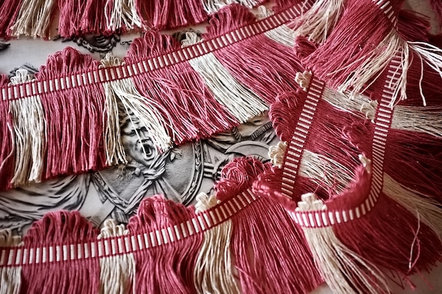 フランス 50x11c リネン 薄曇りの木苺とフリンジブレード ヴィンテージ