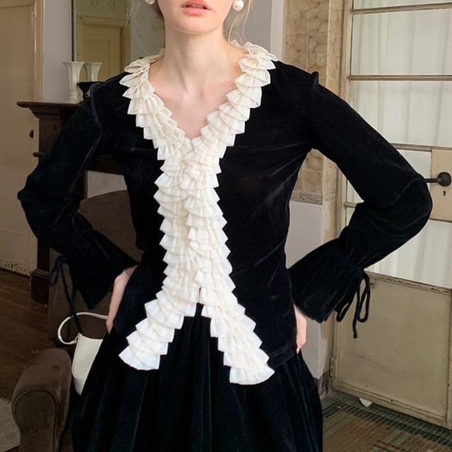 French pleats velvet tops　V1090