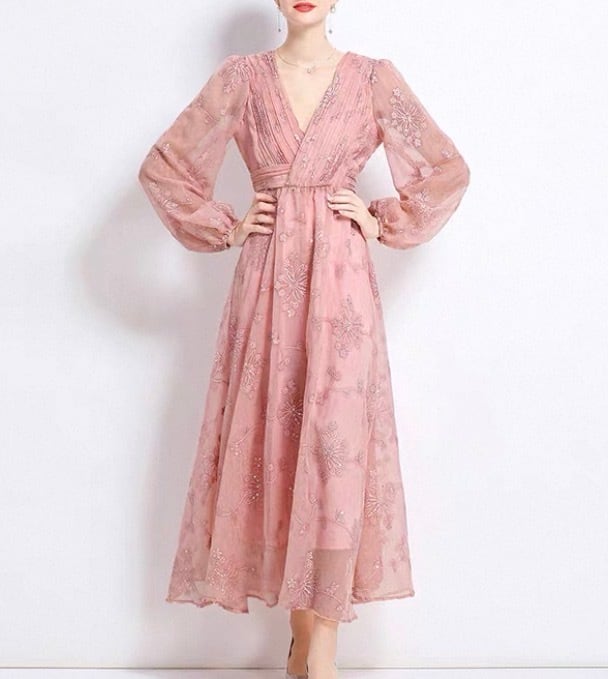 pink desigh one piece ピンクフレアデザインロングワンピース