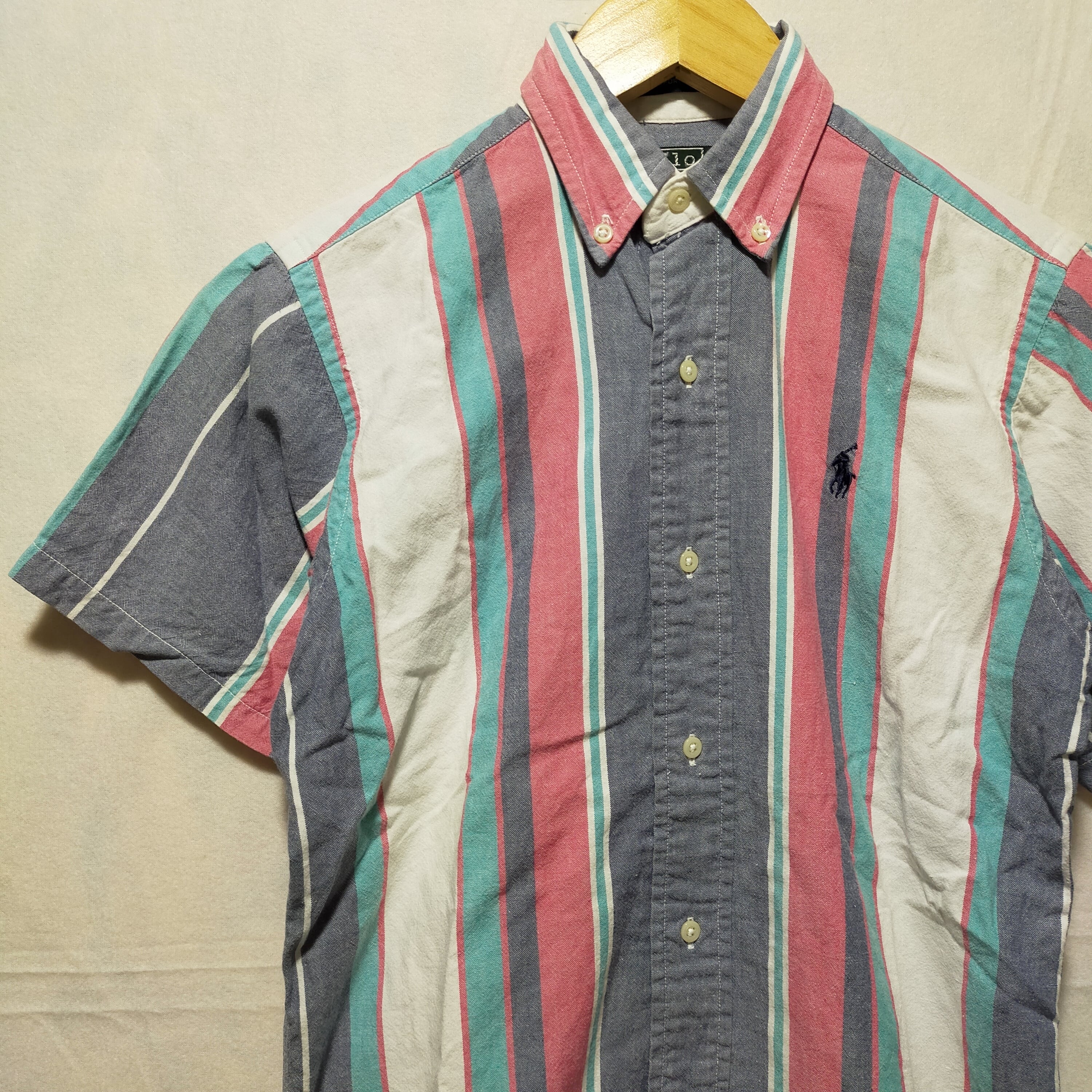 80s USA製 Polo by Ralph Lauren 緑タグ マルチストライプ 半袖シャツ 