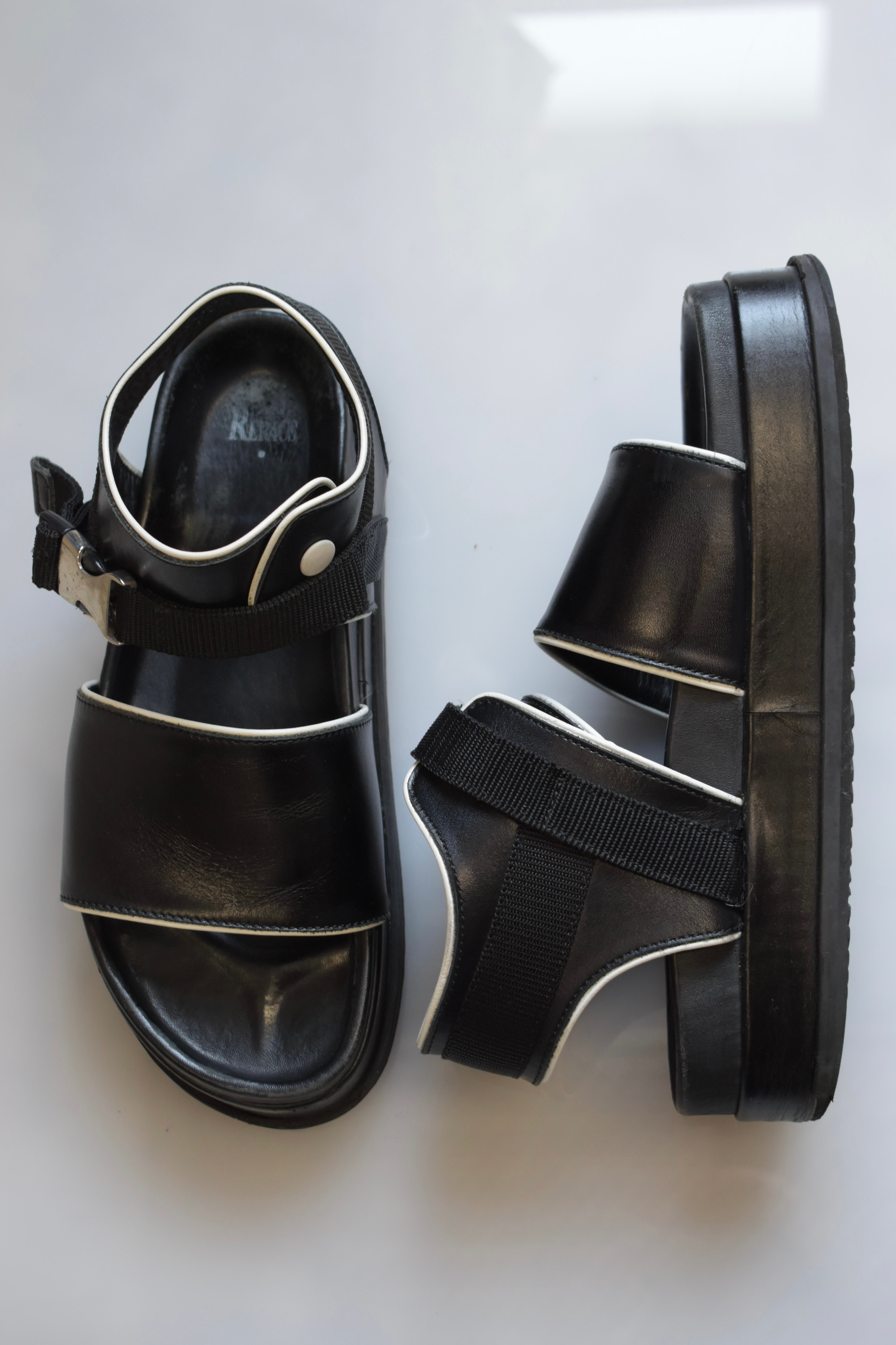 Black and white striped sandals