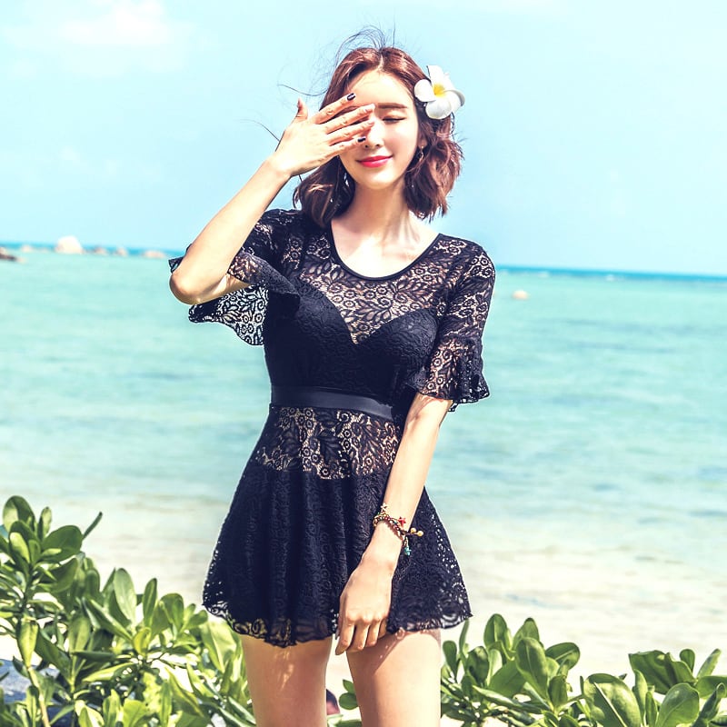 大人 可愛い ワンピース 水着 体型カバー オールインワン モノキニ 黒 赤 大きいサイズ レディース エスニック柄 レース 透け感 半袖 体型カバー ハイウエスト モテ ビキニ レース セクシー Cute エレガント シンプル スタイルアップ 脚長効果 男ウケ リゾート