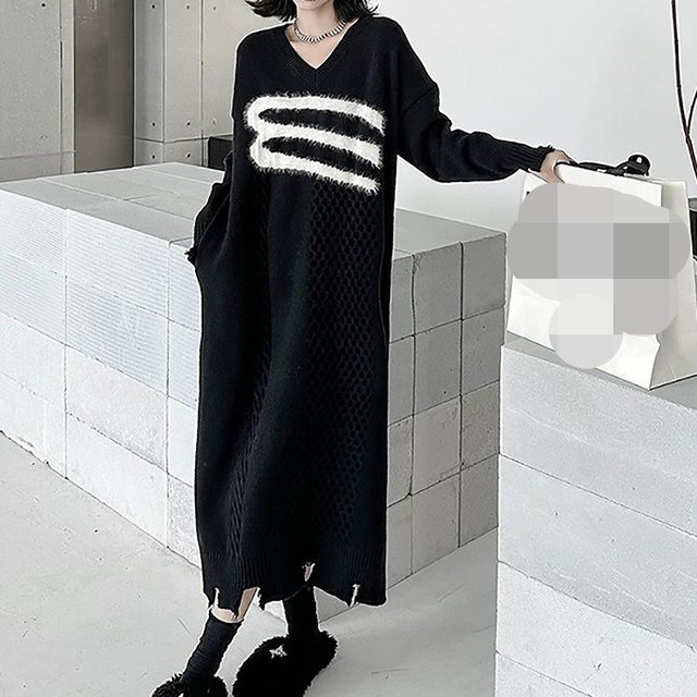 BLACK PRINT V-NECK LONG PULLOVER KNIT DRESS 1color M-11743